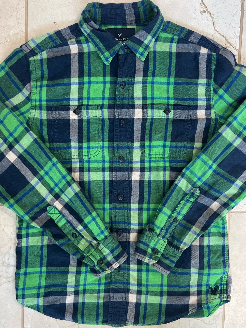 American Eagle Mens Small Green Blue Plaid Heritage Flannel Soft Button Shirt S